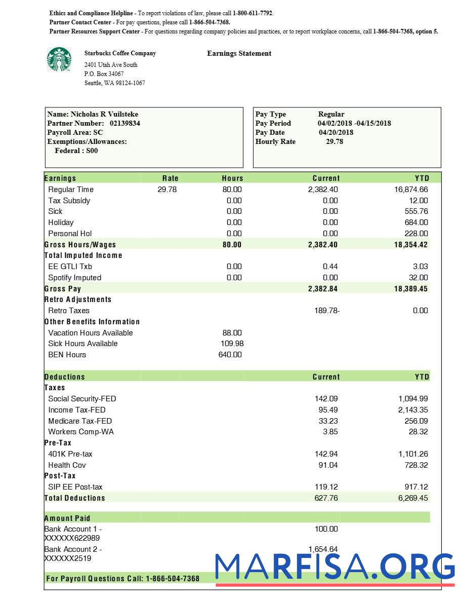 Blank Starbucks Coffee Company earnings statement download for verification